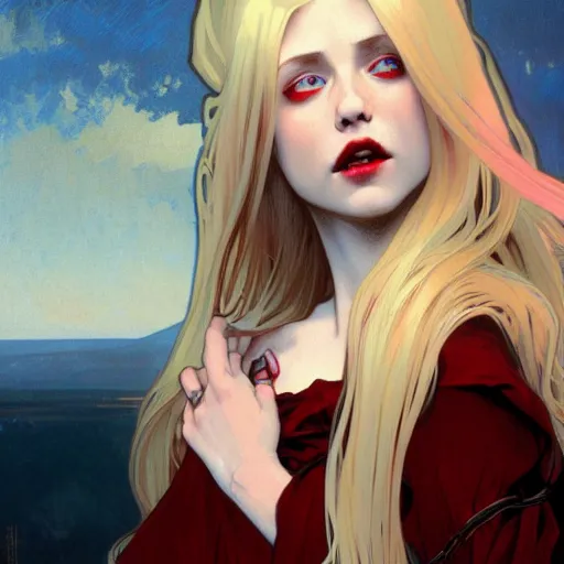 Image similar to portrait of a beautiful young fit girl vampire with long blonde hair and blue eyes with her fans in a person's neck, wearing a skirt, by greg rutkowski and alphonse mucha, d & d character, gradient white to red, modern nocturnal background, highly detailed portrait, digital painting, artstation, concept art, smooth, sharp focus ilustration, artstation hq