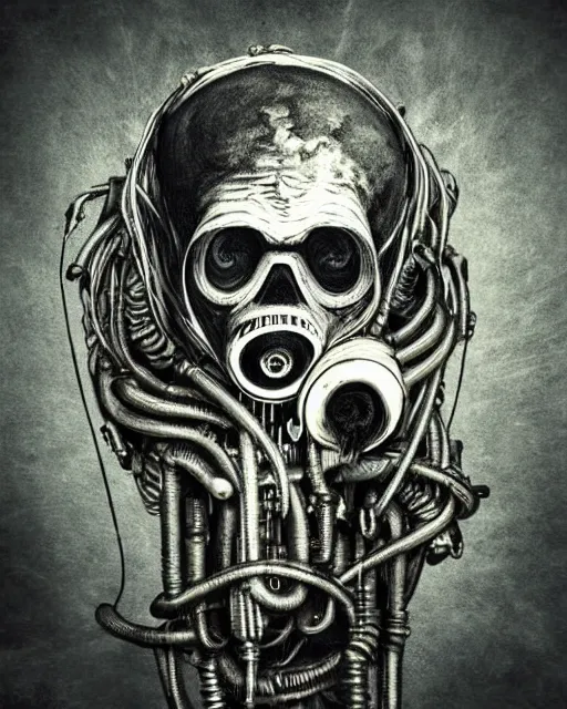 Image similar to dark scary atmospheric detailed outsider cyberpunk dark black skull with mechanical wires and smoke from the netherrealm wearing a gas mask by hr giger and alex grey