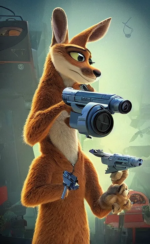 Image similar to “kangaroo in the style of the movie zootopia holding a laser gun and pointing it at the the camera”