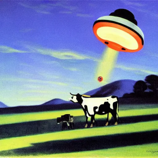 Prompt: UFO abducting a cow with its tractor beam, by Edward Hopper