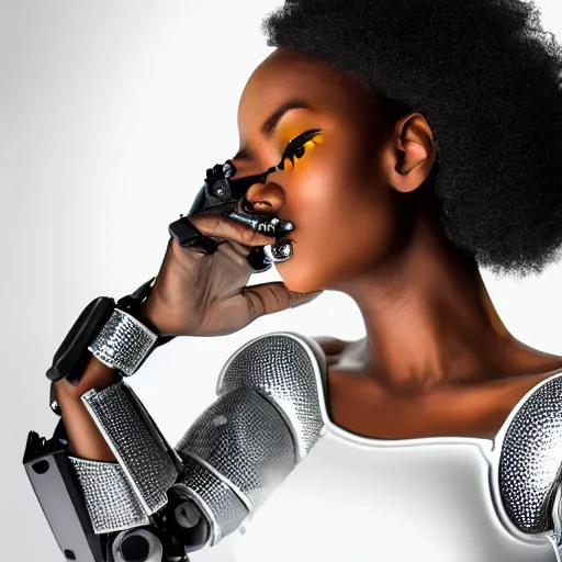 Prompt: beautiful centered fine art photo portrait of beautiful black girl with white solarpunk mecha humanoid head parts with led lights, sexy pudica pose gesture, white background, ultra - realistic and intricate, soft box lighting, shallow depth of field hdr 8 k