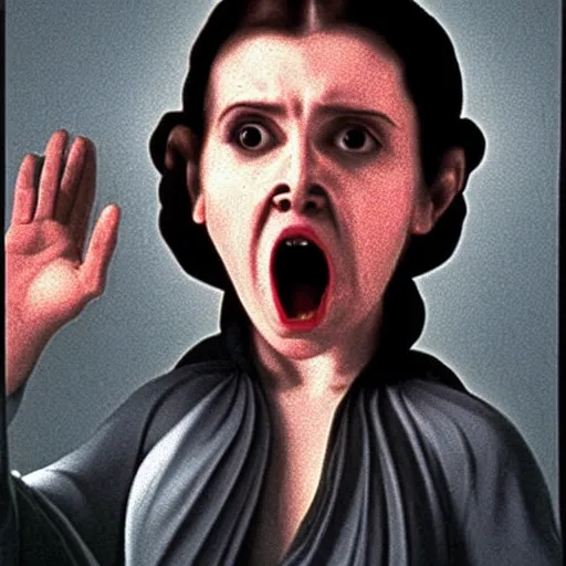 Image similar to a caravaggio artwork film of princess leia screaming, artwork by caravaggio