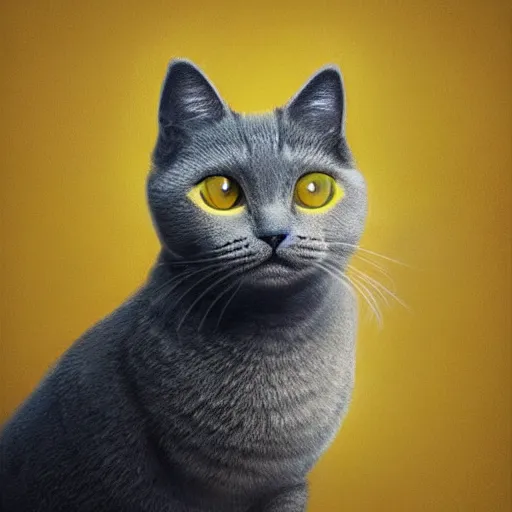 Image similar to head and shoulders masterpiece portrait of a cute adorable gray cat wearing a yellow spacesuit, surreal background, digital art by krenz cushart, trending on artstation, cgsociety,