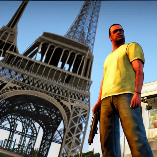 Image similar to promotional screenshot of grand theft auto videogame set in paris