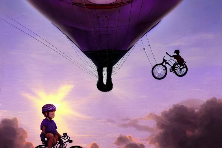 Image similar to kid rides a bicycle waving good bye to the airship at sunset, in the style of james jean, intricate and epic composition, purple by caravaggio, insanely quality, highly detailed, masterpiece, purple light, artstation, 4 k