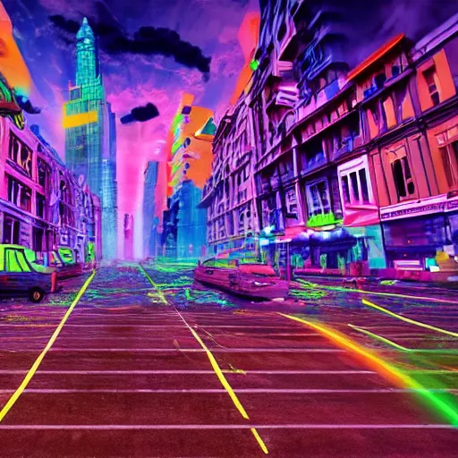 Prompt: A city disaster distopia of various people running around with vivd neon colors, building, street signs, explosions, with a lot of details and elements, 4k, surrealism Dalí