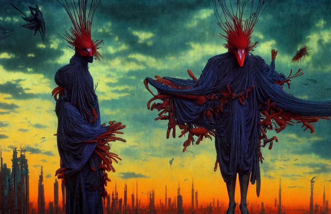 Image similar to realistic detailed portrait movie shot of a birdman wearing dark ragged robes, futuristic city sunset landscape background by denis villeneuve, amano, yves tanguy, alphonse mucha, ernst haeckel, max ernst, roger dean, ridley scott, dynamic closeup composition, rich moody colours, blue eyes