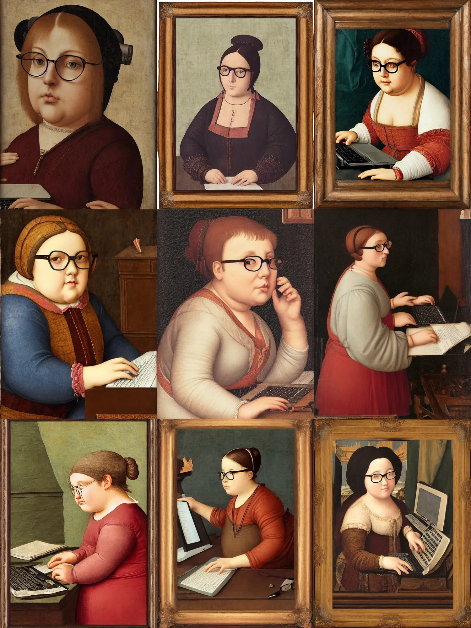 Prompt: a chubby girl with glasses typing on a computer, renaissance, side portrait, wooden frame