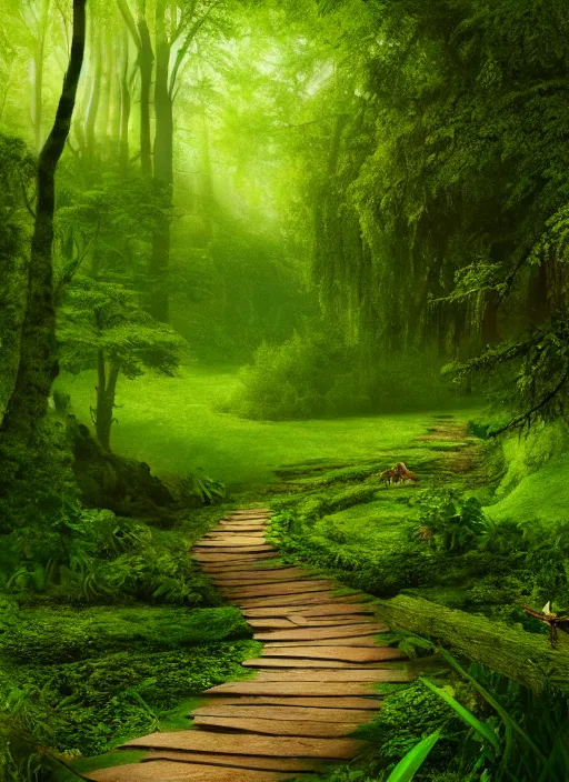 Image similar to a wooden path in the middle of a lush green forest, a detailed matte painting by john eyre, shutterstock contest winner, magical realism, enchanting, matte painting, mystical