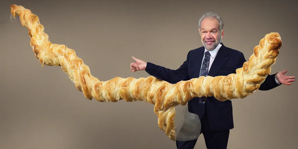 Image similar to long arms. really long arms. very long arms, arms. alan sugar with really long arms holding some pastry pets. long arms. stretched limbs. pastry sheep, pastry lizard