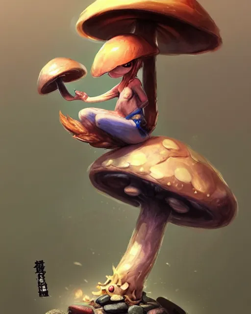 Prompt: concept art of a mushroom creature, wearing tight clothes made of rocks, sitting on a rock in a cave | | cute - fine - fine details by stanley artgerm lau, wlop, rossdraws, and sakimichan, trending on artstation, brush strokes