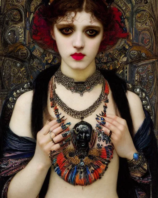 Image similar to a close up of beautiful gothic girl with black lipstick wearing a intricate necklace surrounded by colourful intricate patterns, by edgar maxence and caravaggio and michael whelan, intricate painting, hyper realistic, extremely detailed and beautiful aesthetic face, 8 k resolution