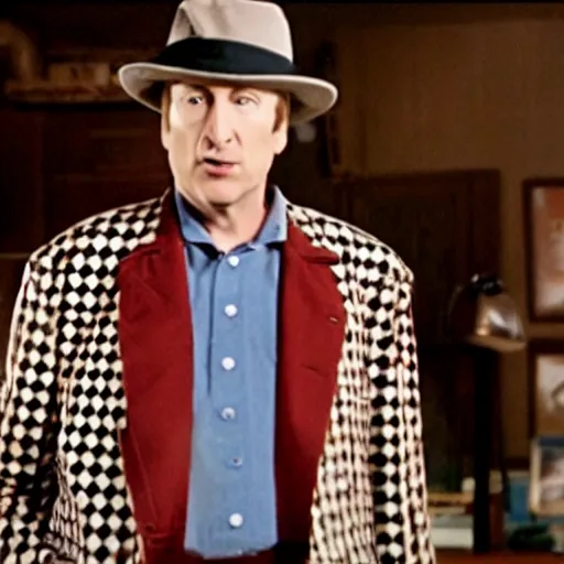 Prompt: film still of Bob Odenkirk as Stan S Stanman wearing a hat and checkerboard suit in the Monkey Island movie