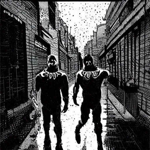 Image similar to masked wrestlers walking in a rainy alley, art by tomm coker and john paul leon, dramatic shadows