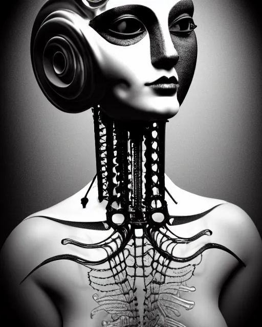 Image similar to black and white dreamy foggy smoky profile face portrait, one silver steampunk eye biomechanical beautiful young female cyclope - cyborg - robot bust, body ribs meshes,, volumetric light, hibiscus flowers, by hg giger, rim light, by dora maar and cecile beaton, big gothic fashion pearl embroidered collar, 8 k