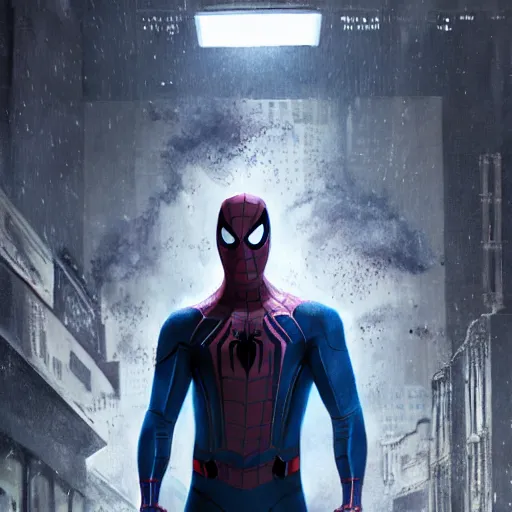 Image similar to ryan reynolds as spider - man, wearing a black and blue suit, cinematic, volumetric lighting, f 8 aperture, cinematic eastman 5 3 8 4 film, photorealistic by greg rutkowski, by stanley artgerm, by alphonse mucha