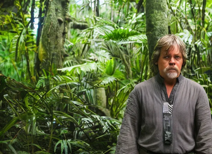 Prompt: luke skywalker at the new jedi temple, surrounded by jungle in the background. detailed portrait photo of faces. Photographed with Leica Summilux-M 24 mm lens, ISO 100, f/8, Portra 400