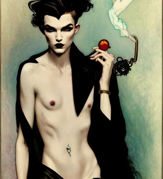 Image similar to stunning portrait of highly details androgynous ruby rose as desire from sandman, rockabilly style, by ego shield, by alphonse mucha, by jeremy mann, by peter lindbergh, dave mckean, by maurice sapiro, by frank moth, white suit and black tie, soft lightning, high detailed, 8 k