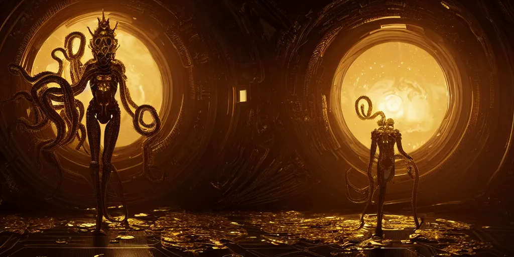 Image similar to a photo of 8k ultra realistic corrupted lovecraftian golden humanoid queen standing next to a spaceship window overlooking earth, 8 intricate white and gold tentacles, ornate white and gold armour, cinematic lighting, trending on artstation, 4k, hyperrealistic, focused, extreme details, unreal engine 5, cinematic, masterpiece