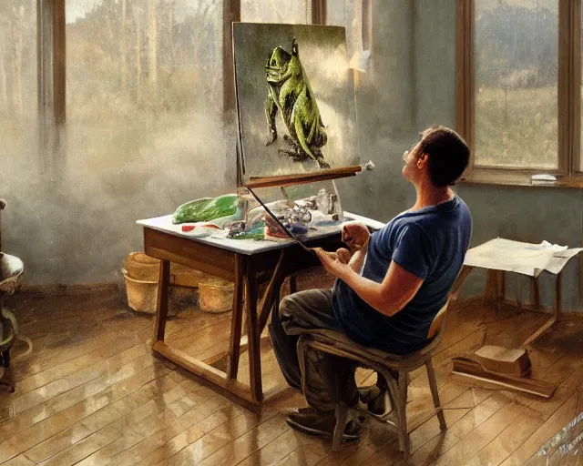 Image similar to an exhausted painter in his studio painting a picture of pepe the frog - key lighting, soft lights, foggy, by steve hanks, by lisa yuskavage, by serov valentin, by tarkovsky, 8 k render, detailed, oil on canvas