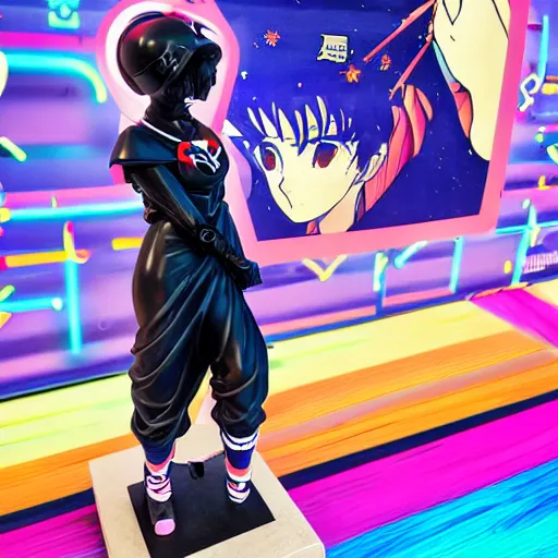 Prompt: : extremely beautiful photo of a black marble statue of an anime girl with colorful skateboard logos all over and helmet with closed visor, colorful hyperbolic background, fine art, sailor moon, neon genesis evangelion, virgil abloh, offwhite, denoise, highly detailed, 8 k, hyperreal