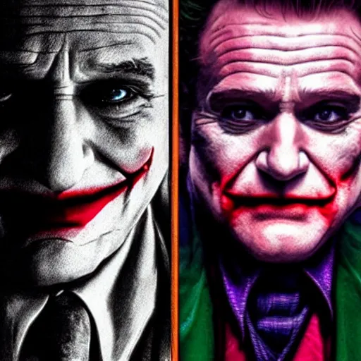 Image similar to stunning awe inspiring ( robin williams ) as the joker 8 k hdr movie still atmospheric lighting