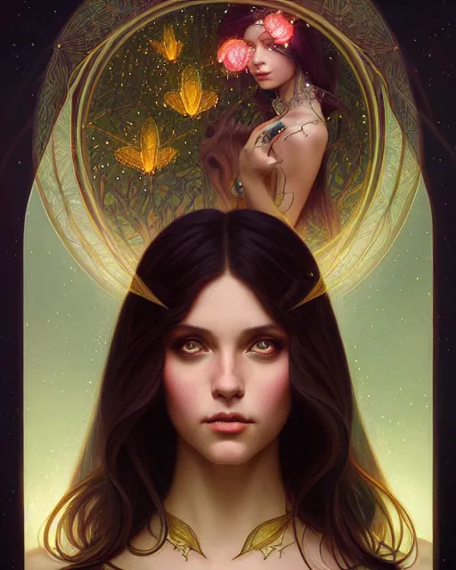 Image similar to symmetry portrait of brunette princess, glam, fae, fireflies, forest background, intricate, elegant, highly detailed, digital painting, artstation, concept art, smooth, sharp focus, illustration, art by artgerm and greg rutkowski and fra angelico and alphons mucha