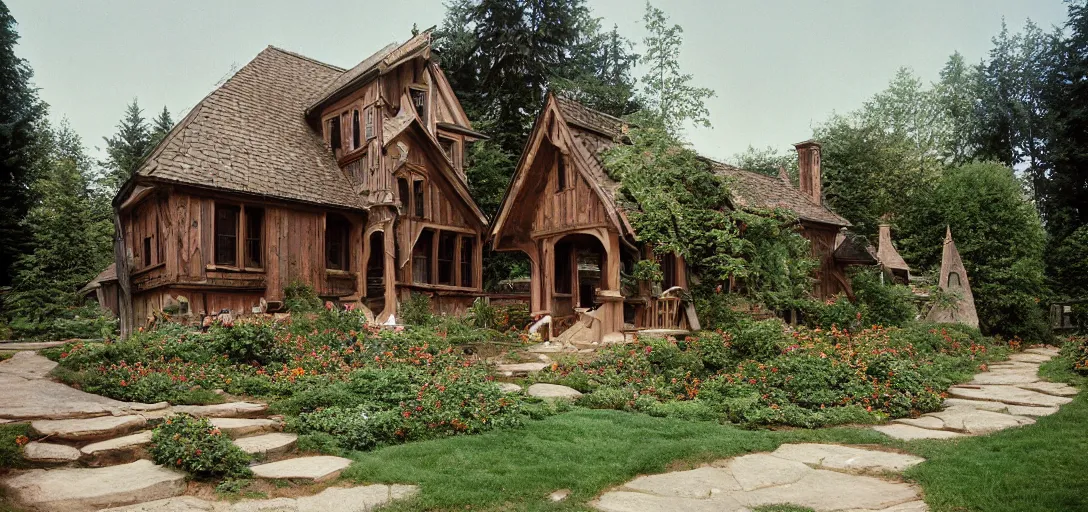 Image similar to house in carpathian vernacular style. outdoor landscaping designed by frederick law olmsted. fujinon premista 1 9 - 4 5 mm t 2. 9. portra 8 0 0.