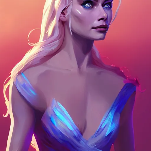 Image similar to Portrait of Margot Robbie as Queen Daenerys Targaryen, mattepainting concept Blizzard pixar maya engine on stylized background splash comics global illumination lighting artstation lois van baarle, ilya kuvshinov, rossdraws