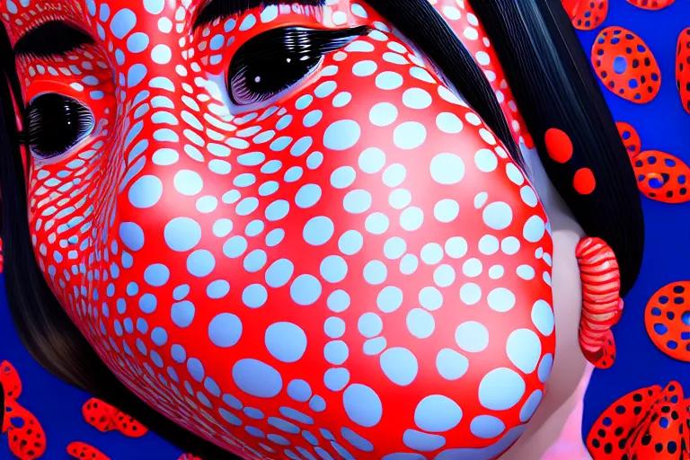 Image similar to hyperrealistic detailed image of a geisha laying in a art installation room, hd smooth interior by yayoi kusama, part by kei mieno, part by ross tran, dark art by james jean, ultra realistic, highly detailed, life like face, detailed body, 8 k, 3 d render by roger magrini, very cohesive, masterpiece