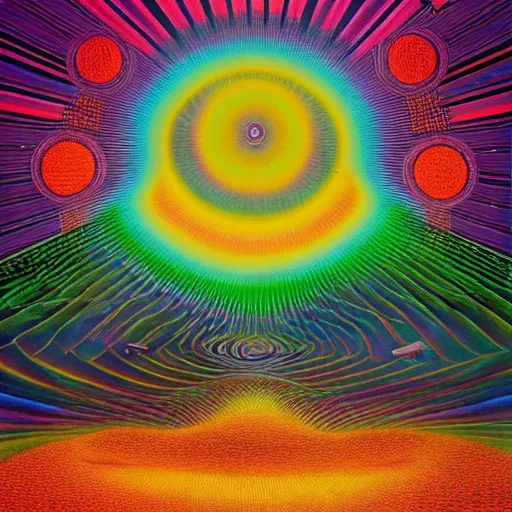 Prompt: highly detailed optical illusion of a psychedelic stanley kubrick movie scene filled with magical energy by mad dog jones and alex grey