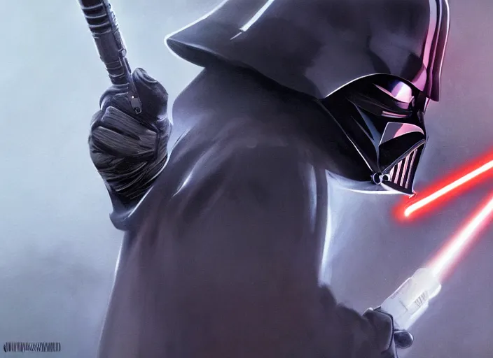 Image similar to a dramatic highly detailed render of darth vader with lightsaber drawn facing off against a cute baby corgi, futuristic star wars vibe, by WLOP and Artgerm and Greg Rutkowski and Alphonse Mucha, Beautiful dynamic dramatic dark moody lighting, shadows, cinematic atmosphere, Artstation, concept design art, Octane render, 8K, masterpiece, sharp focus, hyperrealistic