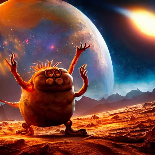 Image similar to eldritch horror bloody garfield in space, hd, 8 k, giant, epic, realistic photo, unreal engine, stars, prophecy, powerful, cinematic lighting, destroyed planet, debris, violent, sinister, ray tracing, dynamic, epic composition, dark, horrific, teeth, grotesque, monochrome drawing, hellscape