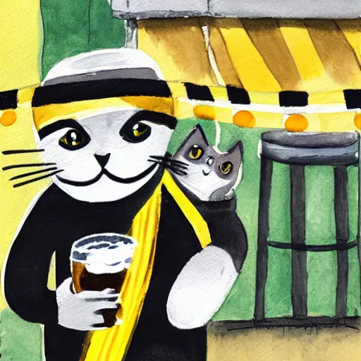 Prompt: a cat wearing a black bucket hat and a black and yellow striped scarf drinking a beer at an outdoor pub in stockholm, children\'s book drawing watercolor