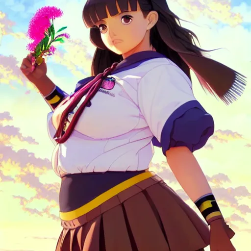 Prompt: a beautiful plus sized natalie portman model, brown skin, wearing catholic school girl outfit with mayan pattern and native style, jrpg aztec street fashion, gapmoe yandere grimdark, trending on pixiv fanbox, painted by greg rutkowski makoto shinkai takashi takeuchi studio ghibli, akihiko yoshida