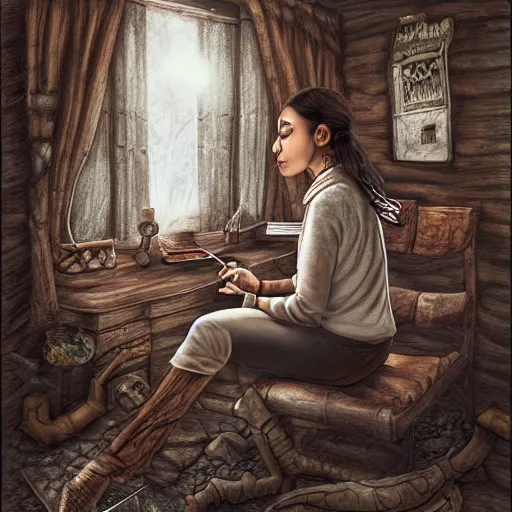 Prompt: a brown female author writing a book with a pen in an eerie cottage in the woods, detailed digital art, trending on artstation, realistic! 8k, anatomically correct