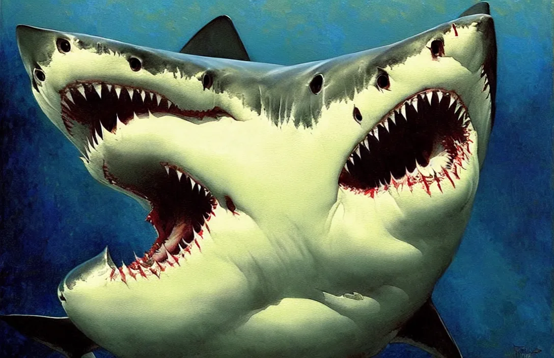 Prompt: great white shark, detailed painting, epic lighting, by ilya repin, phil hale and kent williams