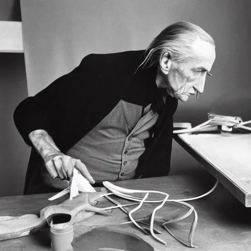 Image similar to a long exposure shot of Marcel Duchamp working on a readymade object, archival pigment print