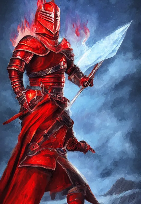 Image similar to a red knight with fire sword, volcano background, digital painting, highly detailed, intricate