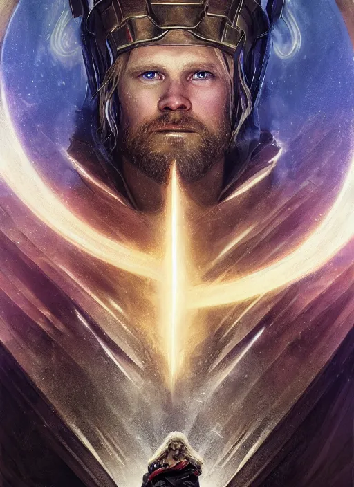 Prompt: detailed portrait of Thor wearing a cloak over his head, eyes on fire with celestial flames, a halo of shimmering color around him, future earth in the background, by Jason Jenicke and Jeremy Mann, intricate, beautiful, stylized, detailed, realistic, loose brush strokes, dramatic, enduring, captivating, Artstation