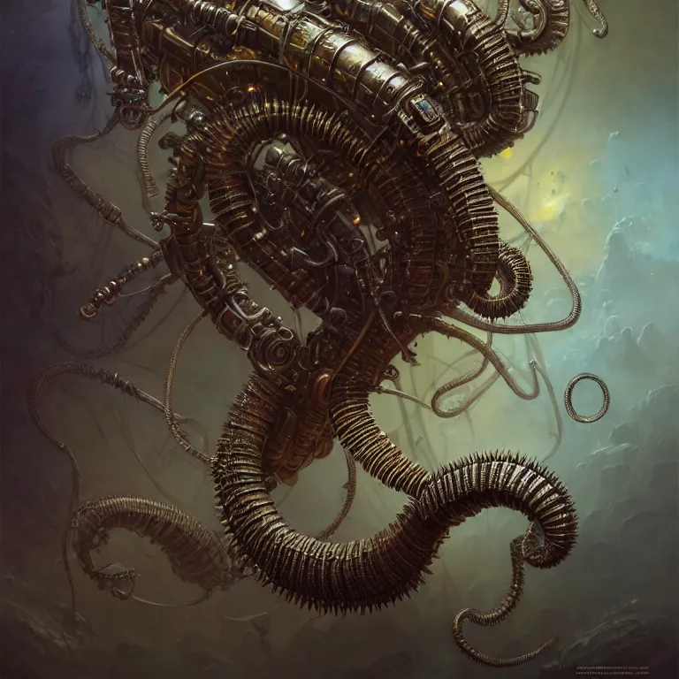 Image similar to steampunk robot millipede, unreal engine realistic render, 8 k, micro detail, intricate, elegant, highly detailed, centered, digital painting, artstation, smooth, sharp focus, illustration, artgerm, tomasz alen kopera, peter mohrbacher, donato giancola, joseph christian leyendecker, wlop, boris vallejo