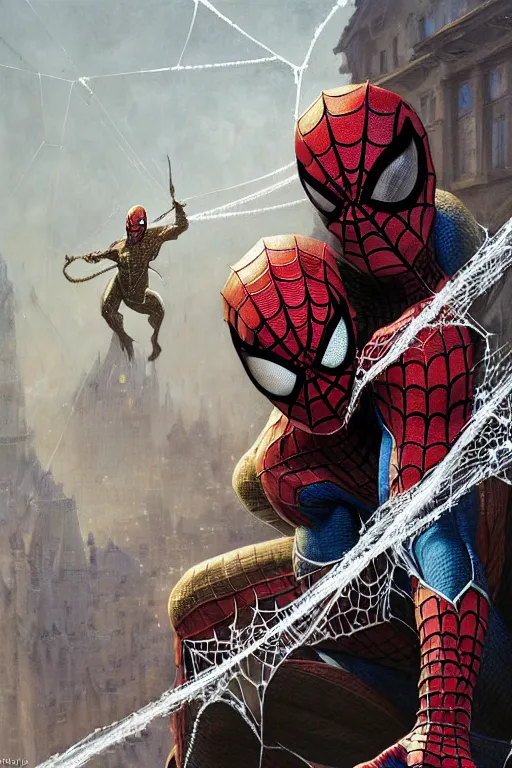 Image similar to spiderman covered with webs, legendary warrior, heroic fighter, world of warcraft, decorative ornaments, battle armor, by carl spitzweg, ismail inceoglu, vdragan bibin, hans thoma, greg rutkowski, alexandros pyromallis, perfect face, sharply focused, sharply detailed, centered, rule of thirds, realistic shading