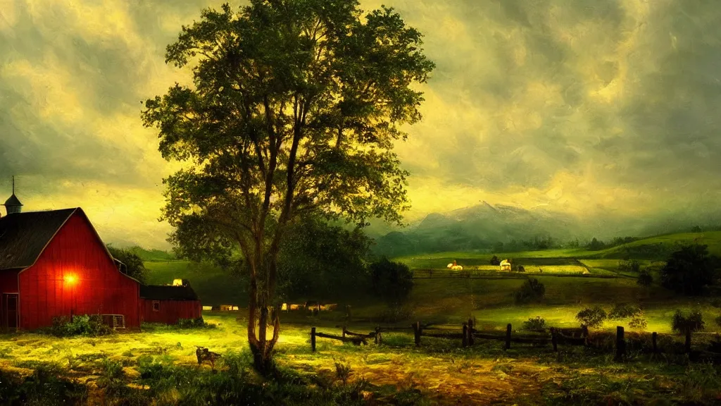 Image similar to the most beautiful landscape, oil painting, a farm, raining, at night, cinematic lighting, highly detailed, very realistic