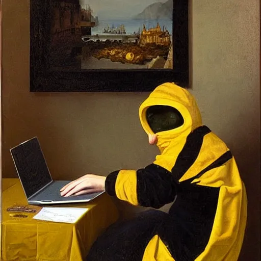 Image similar to tired man in a bumblebee costume drinks coffee in front of a laptop, highly detailed, masterpiece, renaissance, oil on canvas