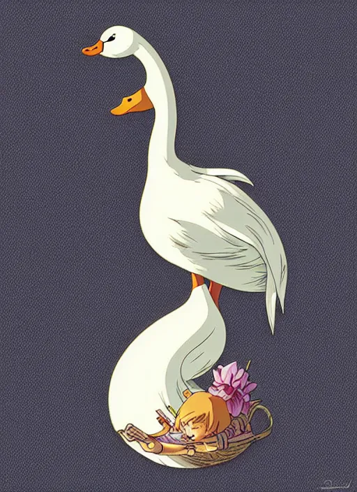 Image similar to cute goose sticker design, natural lighting, path traced, highly detailed, high quality, digital painting, by don bluth and ross tran and studio ghibli and alphonse mucha, artgerm