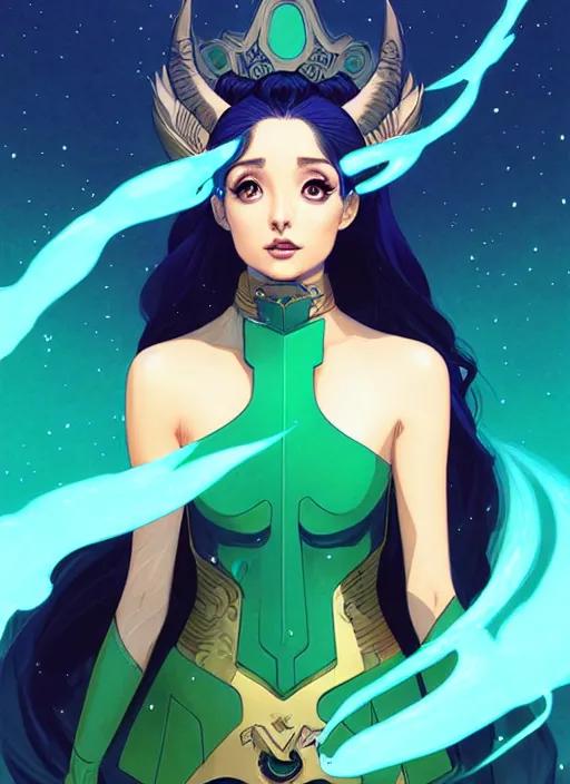 Prompt: style artgerm, joshua middleton, illustration, ariana grande as a high priestess wearing green pelt light armor, anime eyes, blue hair, swirling water cosmos, fantasy, dnd, cinematic lighting