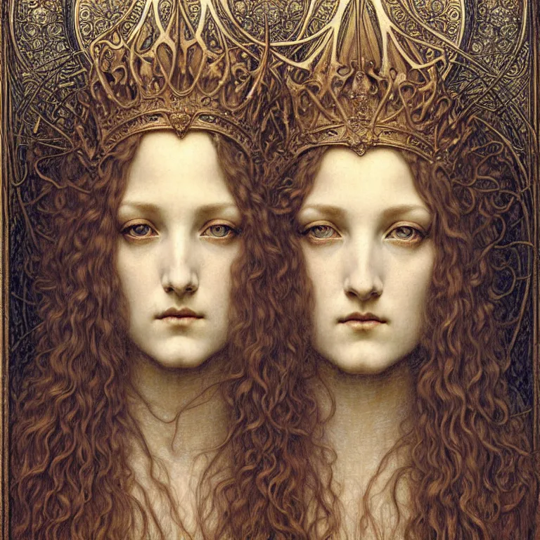 Image similar to detailed realistic beautiful young medieval queen face portrait by jean delville, gustave dore and marco mazzoni, art nouveau, symbolist, visionary, gothic, pre - raphaelite. horizontal symmetry