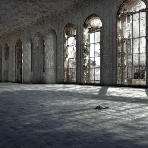 Image similar to time has ended before it even started, luxurious abandoned palace, realistic ground, realistic shadows, illuminated by godrays, reflections, 8 k