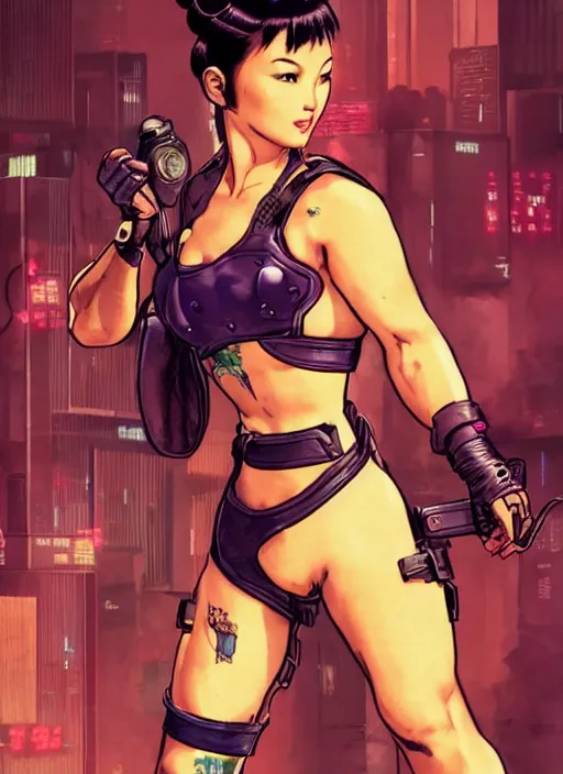 Image similar to chun li. cyberpunk mercenary in tactical harness and jumpsuit. spin kick. portrait by stonehouse and mœbius and will eisner and gil elvgren and pixar. realistic proportions. dystopian. cyberpunk 2 0 7 7, apex, blade runner 2 0 4 9 concept art. cel shading. attractive face. thick lines.