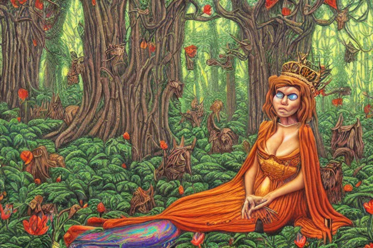 Prompt: a calm beautiful queen sitting in the forest by todd schorr, portrait,